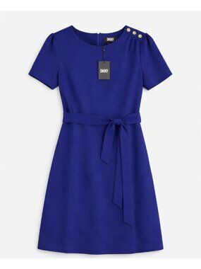 DKNY Women's Size 8 Royal Blue Fit and Flare Belted Dress Gold Buttons NEW